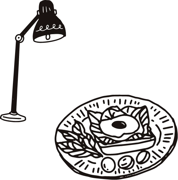 デスクライトと朝食のイラスト